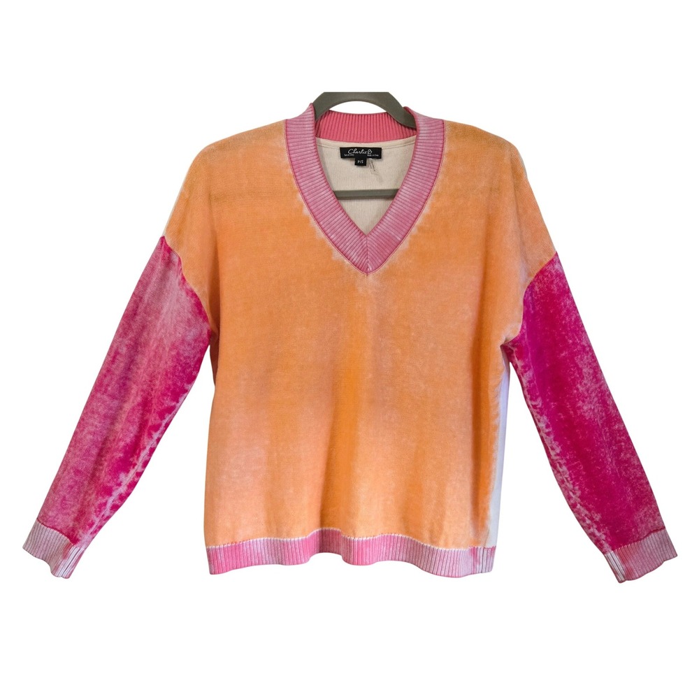 Charlie B Womens Artsy Chic V-Neck Cotton Sweater Pink Orange Colorblock P/S